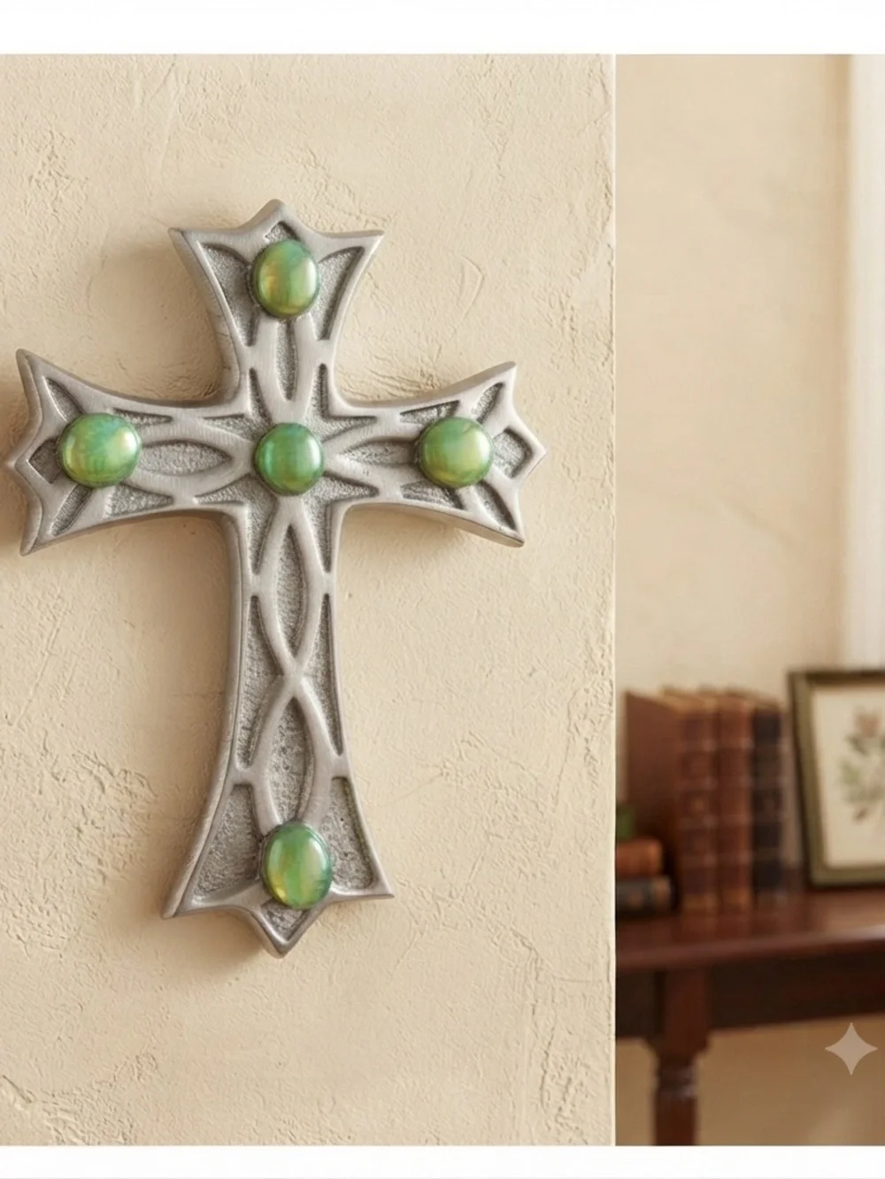 Silver Cross with Green Accents 7 1/4“